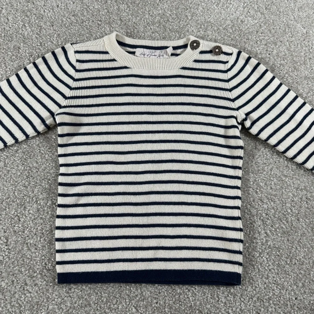 HM‎ LOGG Kids Navy Cream Striped Knit Sweater Button Shoulder Size 2-4Y